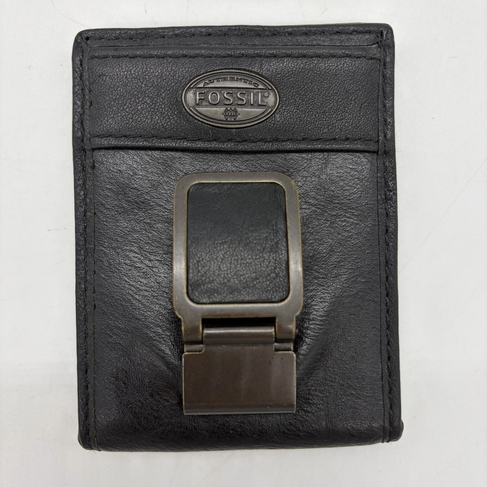Fossil Mens Black Cow Hide Leather Wallet Money Clip Bi Fold Card Slot ID Window
